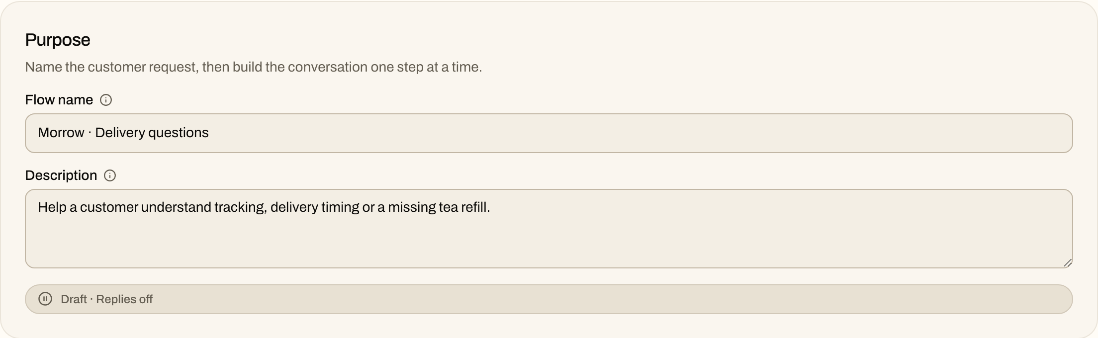Morrow Delivery questions flow purpose and its actual Draft, Replies off status.