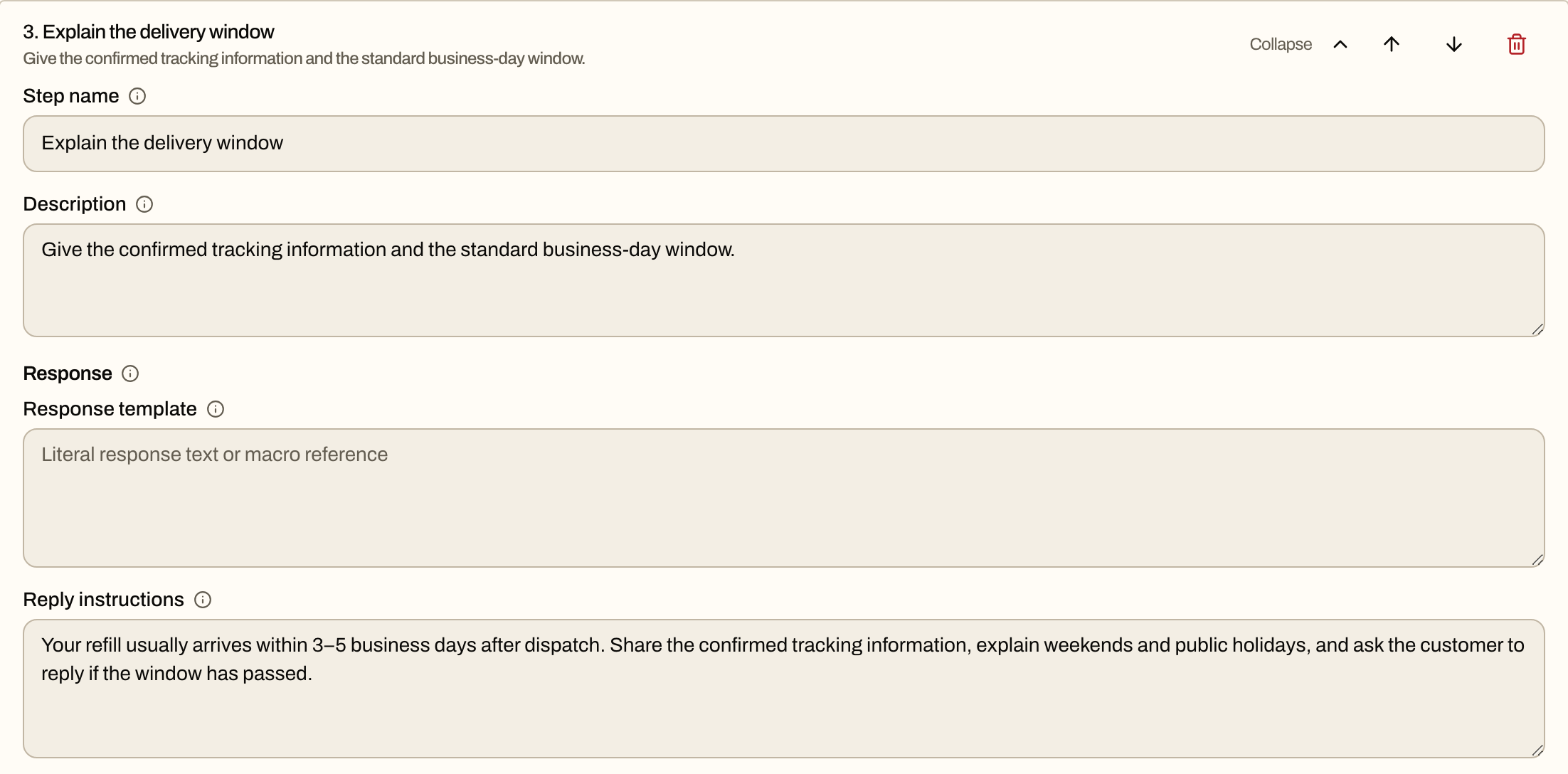 The selected Explain the delivery window step, its purpose and the instruction to share verified delivery timing.